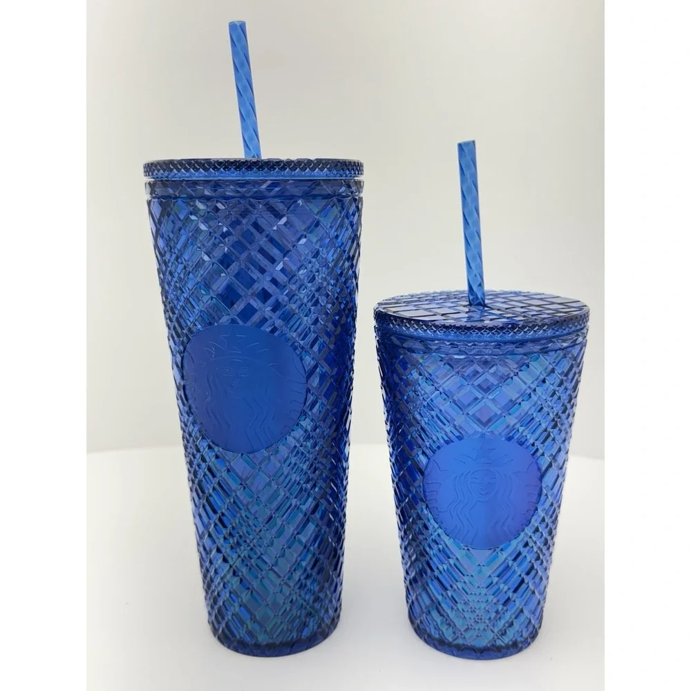Starbucks New Blue Iridescent Grid Tumblers 24oz & 16oz Set Limited Edition Cups